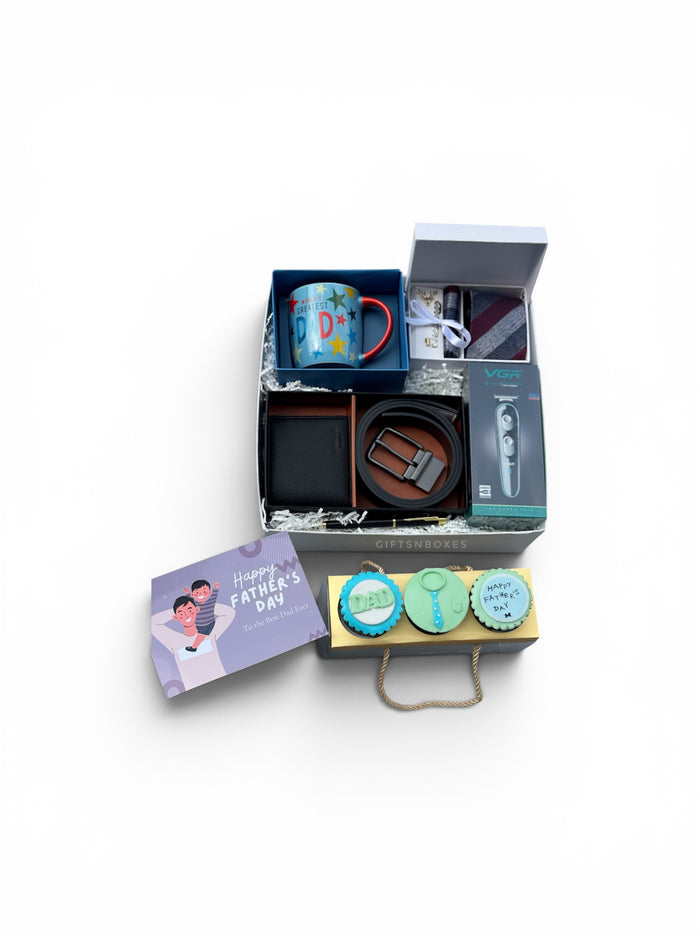 BEST DADA Father’s Day Gift Set with wallet, belt, mug, trimmer, tie set and premium packaging