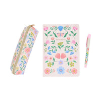 Pink Floral Stationery Gift Set with notebook pen and pencil case