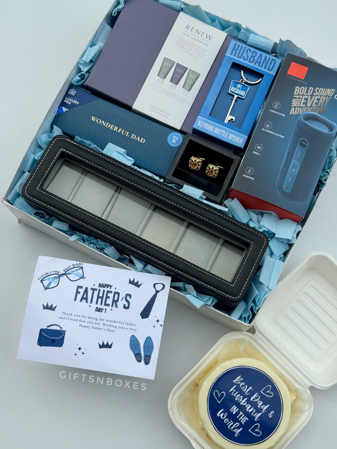 HUBSY Father’s Day Gift Set for husband with grooming kit, speaker, cake, cufflinks and premium packaging
