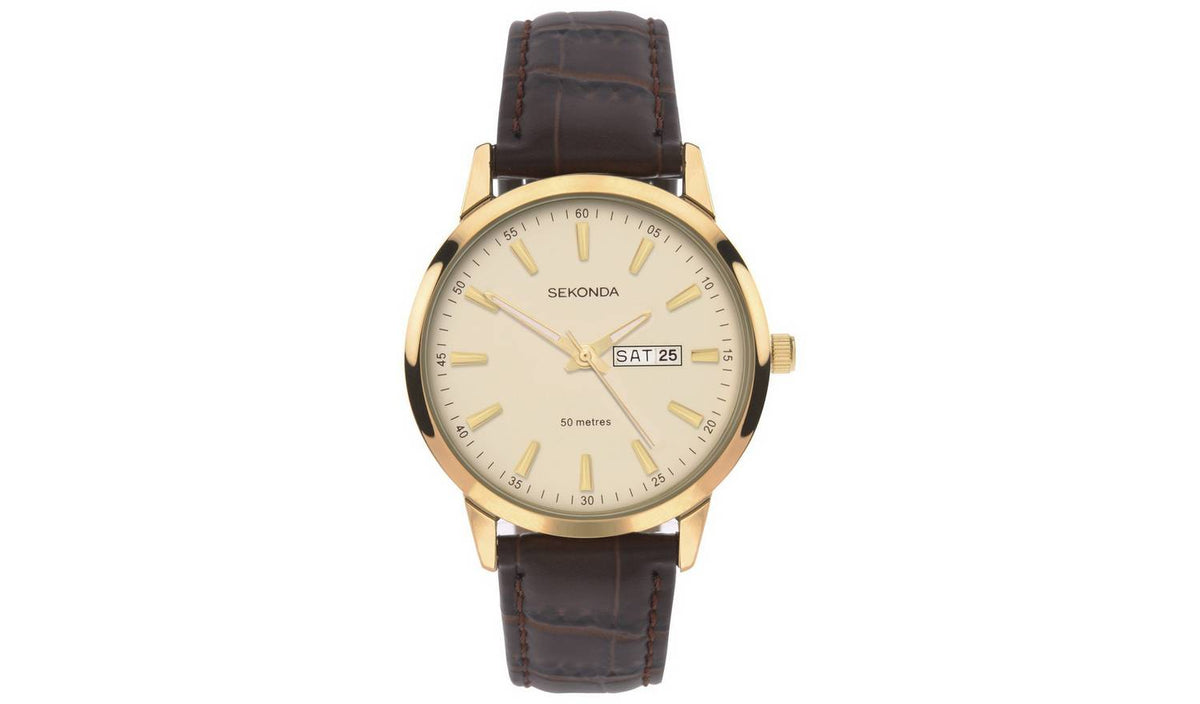 Sekonda Men's Leather Strap Watch with gold plated case and brown leather strap