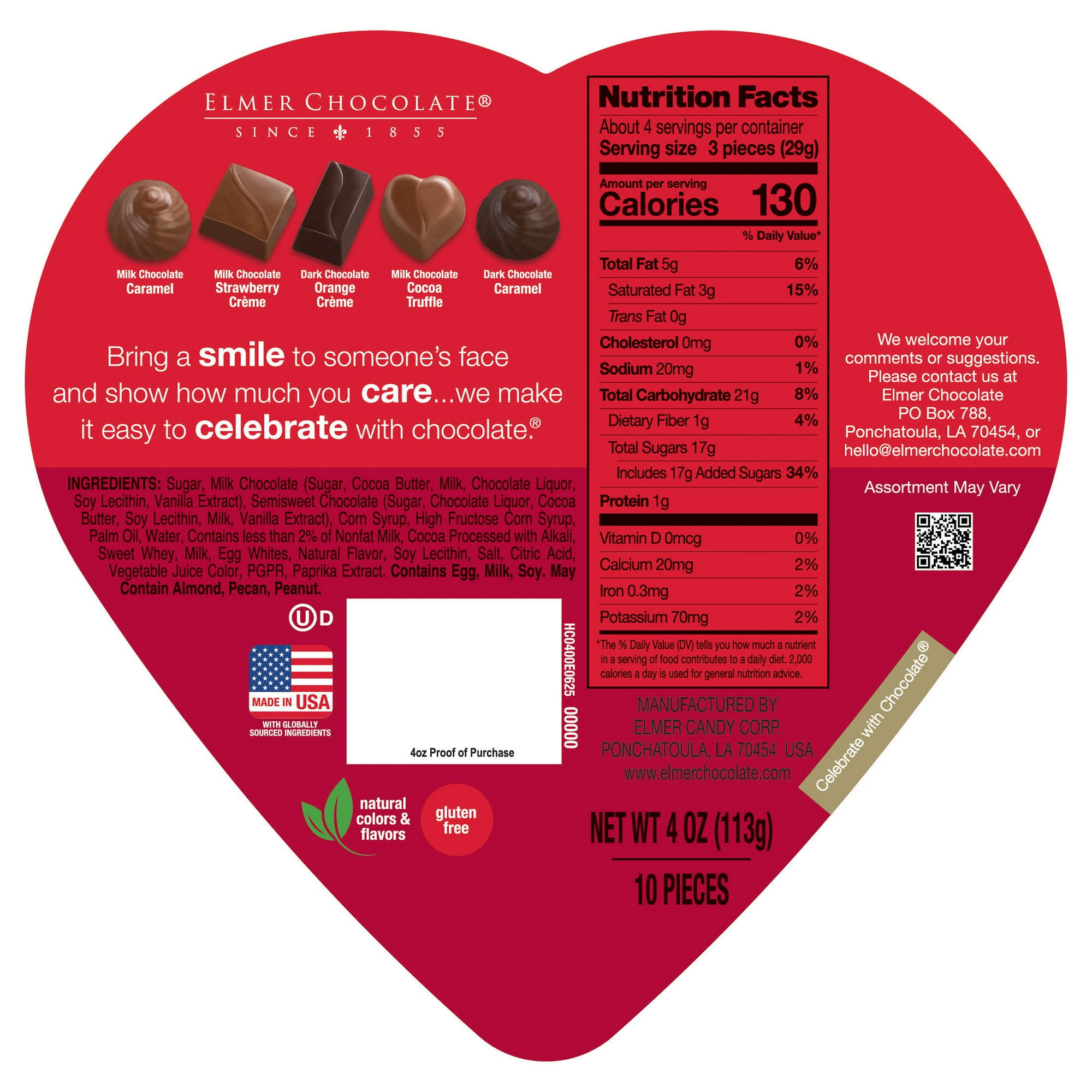 elmer chocolate assorted friendship peony heart – 4oz 10 pieces