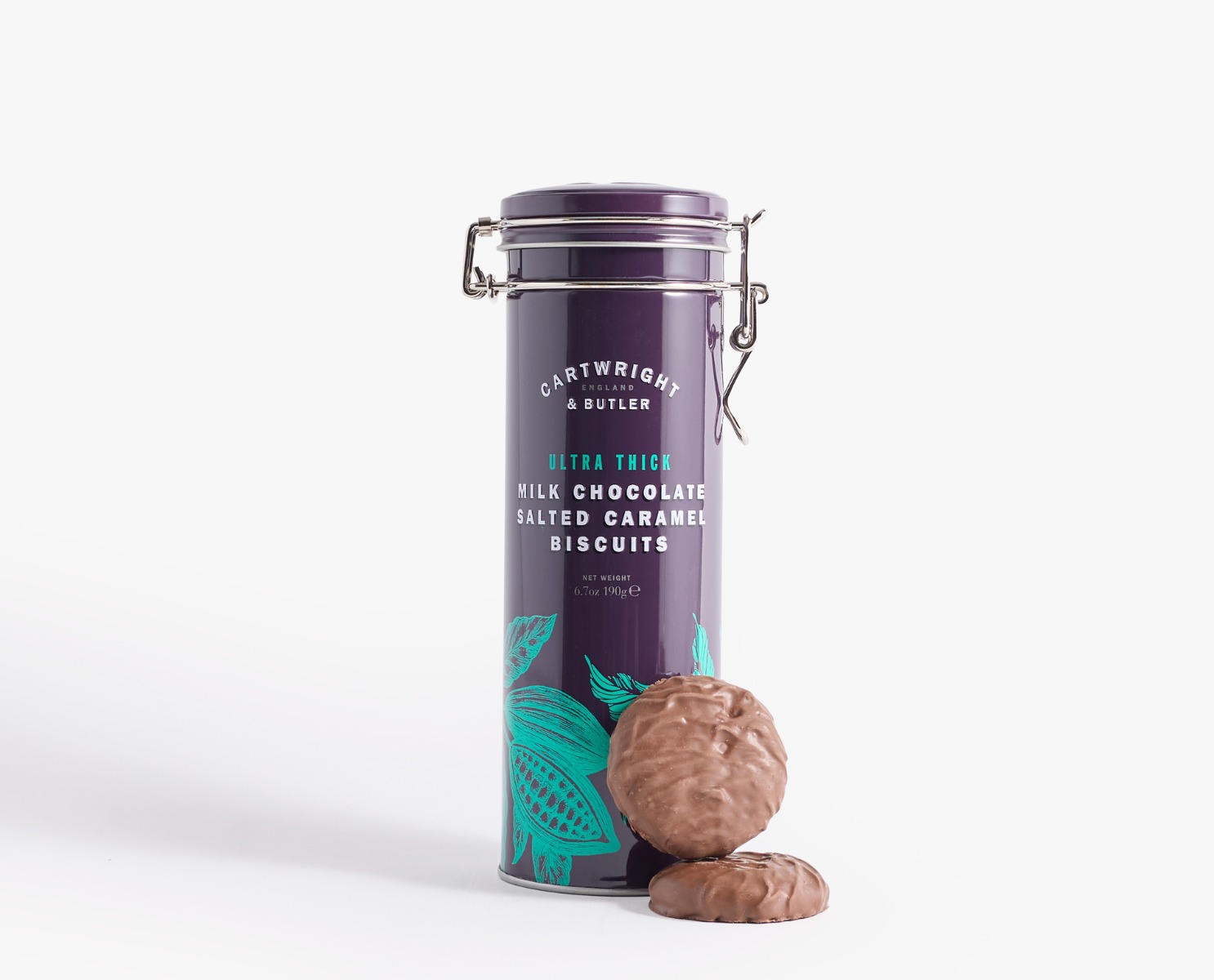 ultra thick milk chocolate salted caramel biscuits in tin 190g