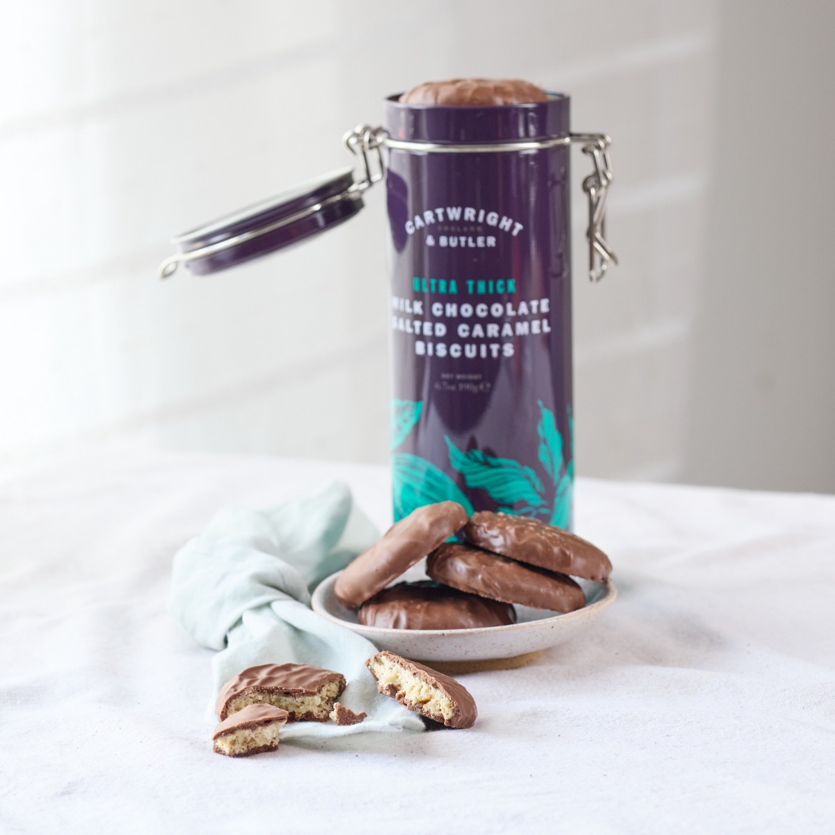 ultra thick milk chocolate salted caramel biscuits in tin 190g