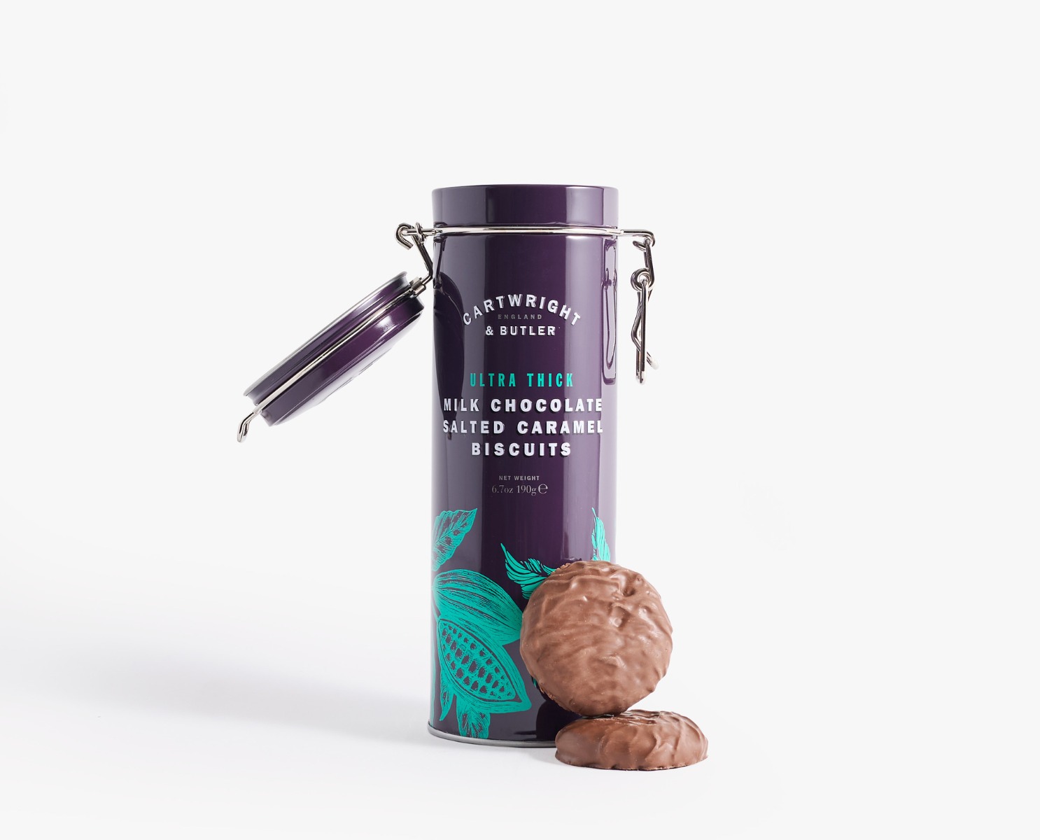 ultra thick milk chocolate salted caramel biscuits in tin 190g