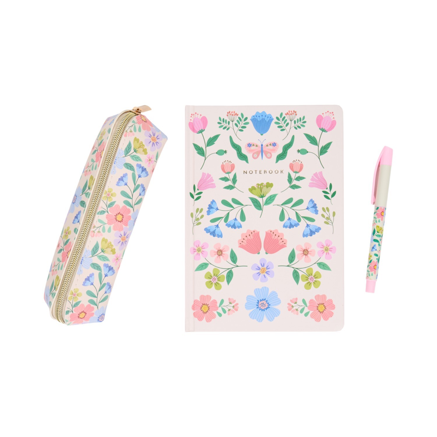 Pink Floral Stationery Gift Set with notebook pen and pencil case