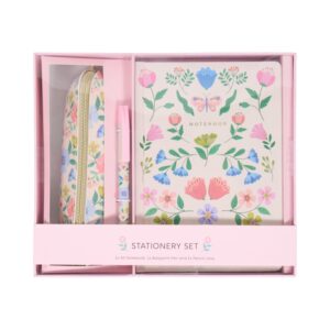 Pink Floral Stationery Gift Set with notebook pen and pencil case