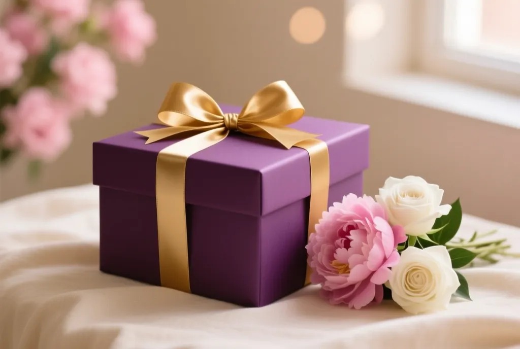 Elegant luxury birthday gift box wrapped in deep purple paper with gold ribbon, beside pink peonies and white roses