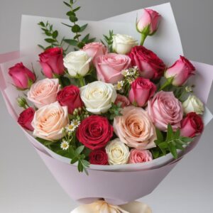 luxury mixed roses bouquet Abuja with red pink white and peach roses