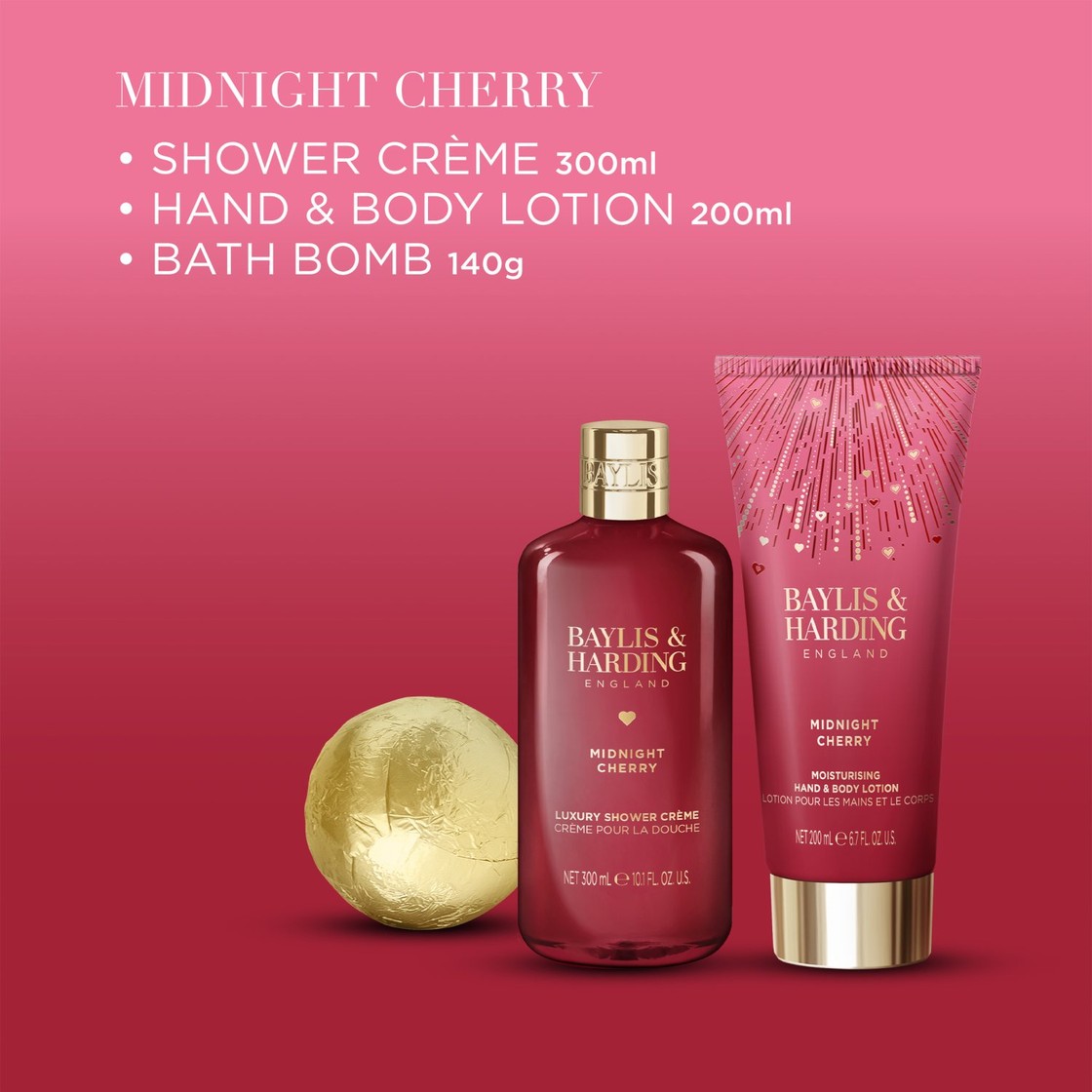 Baylis and Harding Midnight Cherry Luxury Heart Keepsake Box Gift Set with shower crème, body lotion and bath bomb
