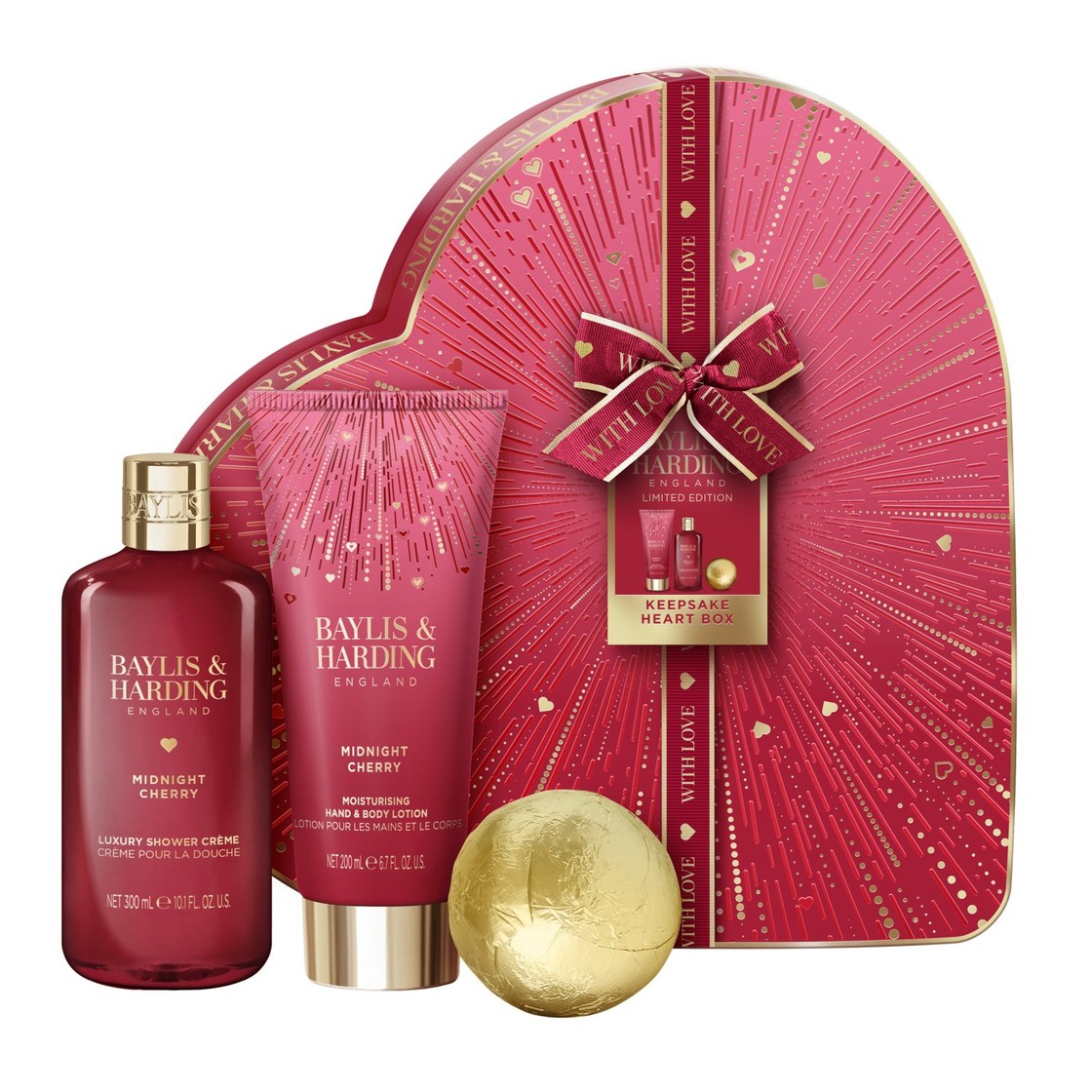 Baylis and Harding Midnight Cherry Luxury Heart Keepsake Box Gift Set with shower crème, body lotion and bath bomb