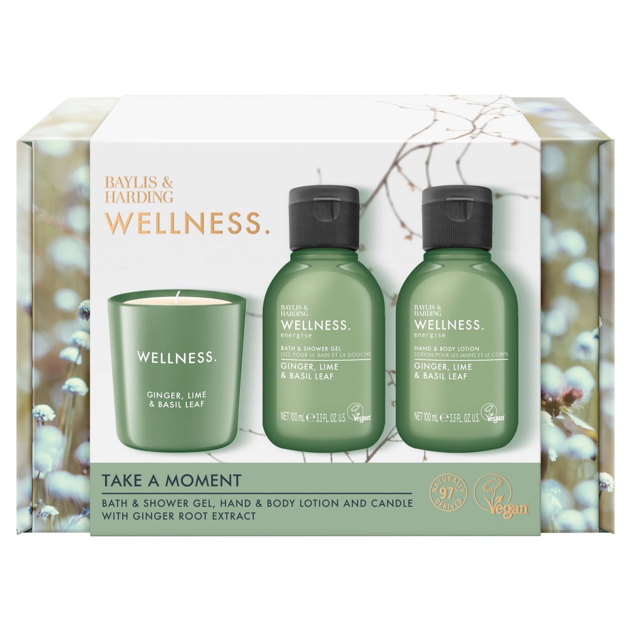 Baylis and Harding Wellness Take A Moment Gift Set with body lotion, shower gel and scented candle