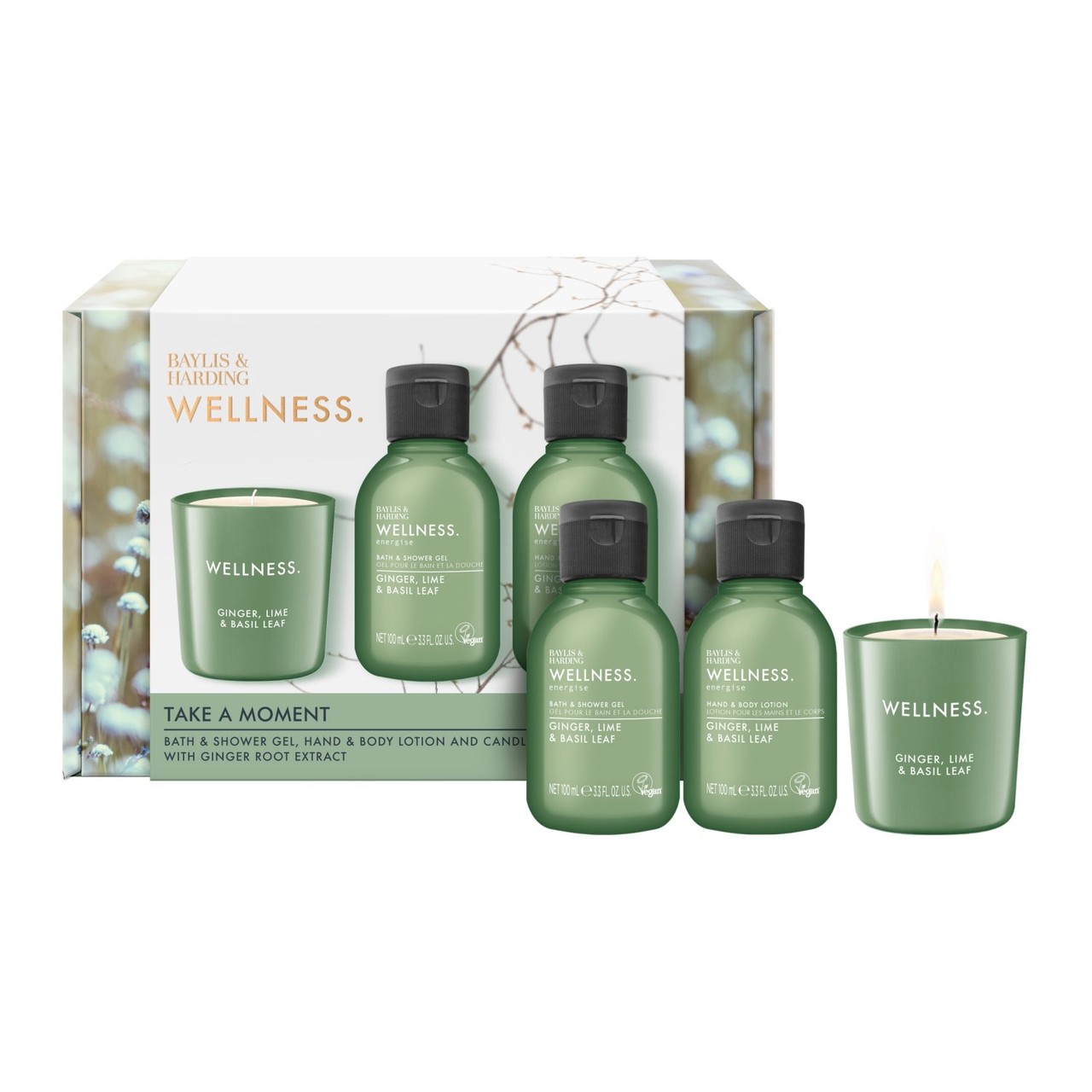 Baylis and Harding Wellness Take A Moment Gift Set with body lotion, shower gel and scented candle
