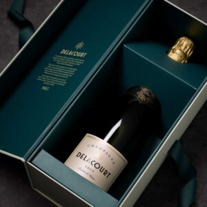 Delacourt Brut Champagne Gift Box with luxury presentation box and ribbon tie
